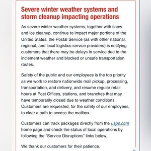 2/4/26: Weather Cleanup Delays in Service - USPS Info links